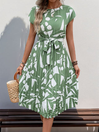 Perfee Tied Pleated Printed Cap Sleeve Dress - A Roese Boutique