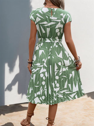 Perfee Tied Pleated Printed Cap Sleeve Dress - A Roese Boutique