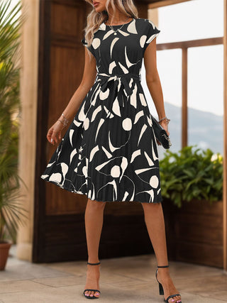 Perfee Tied Pleated Printed Cap Sleeve Dress - A Roese Boutique