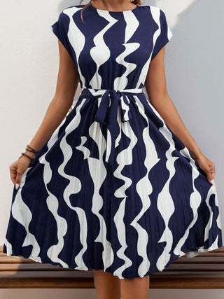 Perfee Tied Pleated Printed Cap Sleeve Dress - A Roese Boutique