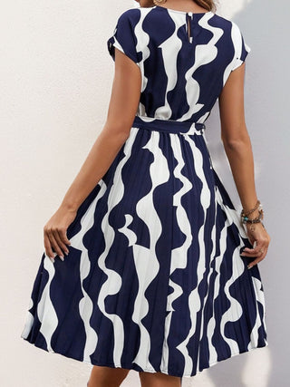 Perfee Tied Pleated Printed Cap Sleeve Dress - A Roese Boutique