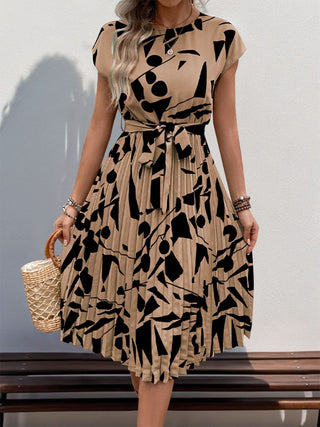 Perfee Tied Pleated Printed Cap Sleeve Dress - A Roese Boutique