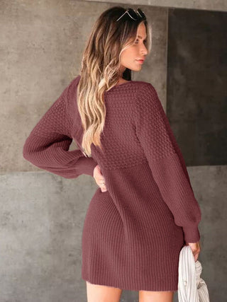 Perfee V - Neck Long Sleeve Sweater Dress - A Roese Boutique