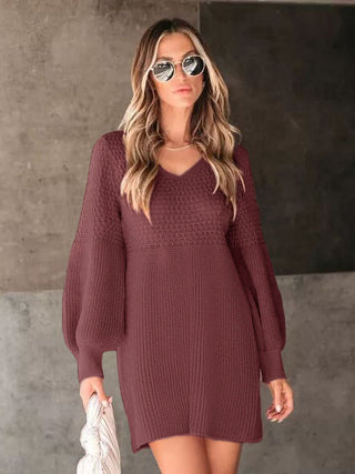 Perfee V - Neck Long Sleeve Sweater Dress - A Roese Boutique