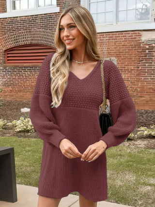 Perfee V - Neck Long Sleeve Sweater Dress - A Roese Boutique