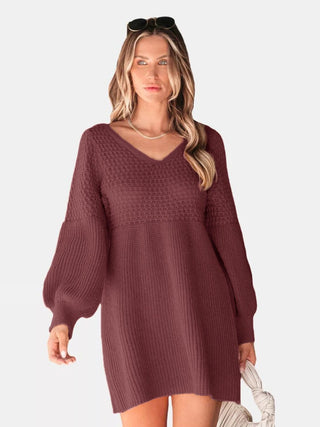 Perfee V - Neck Long Sleeve Sweater Dress - A Roese Boutique