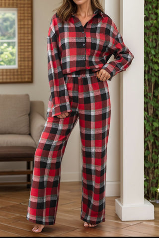 Plaid Long Sleeve Top and Pants Lounge Set - A Roese Boutique