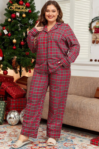 Plus Size Plaid Collared Neck Top and Pants Lounge Set - A Roese Boutique