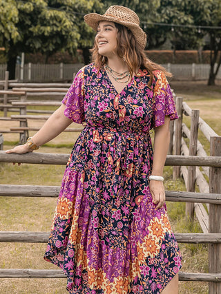 Plus Size Printed V - Neck Flutter Sleeve Midi Dress - A Roese Boutique