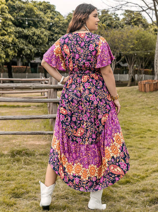 Plus Size Printed V - Neck Flutter Sleeve Midi Dress - A Roese Boutique