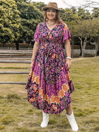 Plus Size Printed V - Neck Flutter Sleeve Midi Dress - A Roese Boutique