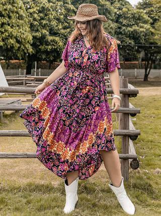 Plus Size Printed V - Neck Flutter Sleeve Midi Dress - A Roese Boutique