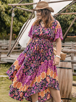 Plus Size Printed V - Neck Flutter Sleeve Midi Dress - A Roese Boutique