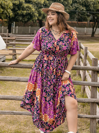 Plus Size Printed V - Neck Flutter Sleeve Midi Dress - A Roese Boutique