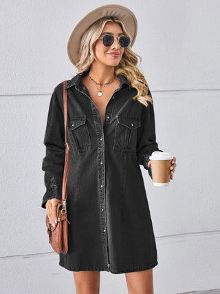 Pocketed Dropped Shoulder Mini Denim Dress - A Roese Boutique