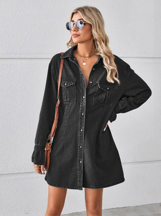 Pocketed Dropped Shoulder Mini Denim Dress - A Roese Boutique