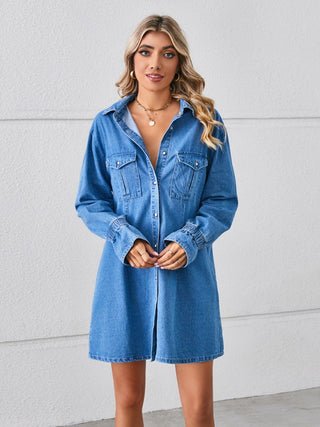 Pocketed Dropped Shoulder Mini Denim Dress - A Roese Boutique