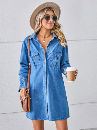 Pocketed Dropped Shoulder Mini Denim Dress - A Roese Boutique