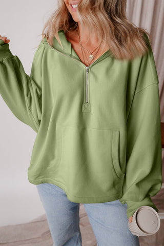 Pocketed Half Zip Dropped Shoulder Hoodie - A Roese Boutique