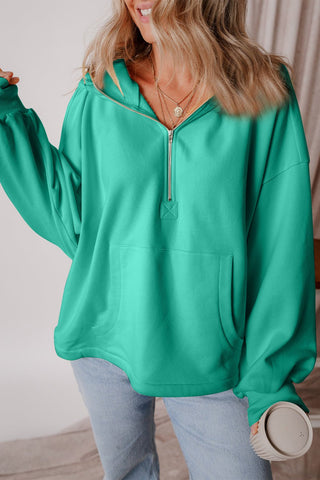 Pocketed Half Zip Dropped Shoulder Hoodie - A Roese Boutique