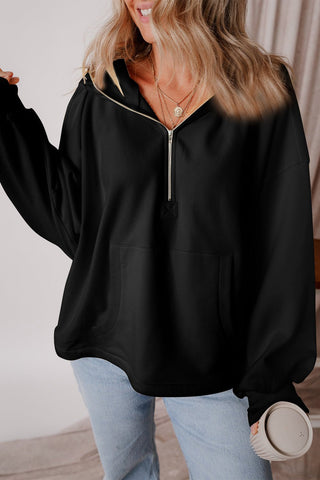 Pocketed Half Zip Dropped Shoulder Hoodie - A Roese Boutique