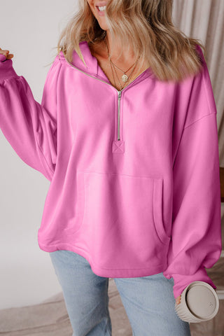 Pocketed Half Zip Dropped Shoulder Hoodie - A Roese Boutique