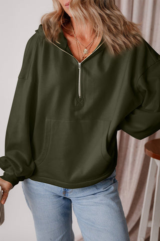 Pocketed Half Zip Dropped Shoulder Hoodie - A Roese Boutique