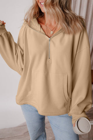 Pocketed Half Zip Dropped Shoulder Hoodie - A Roese Boutique