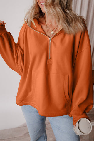 Pocketed Half Zip Dropped Shoulder Hoodie - A Roese Boutique