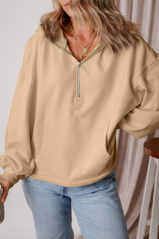 Pocketed Half Zip Dropped Shoulder Hoodie - A Roese Boutique