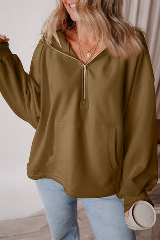 Pocketed Half Zip Dropped Shoulder Hoodie - A Roese Boutique