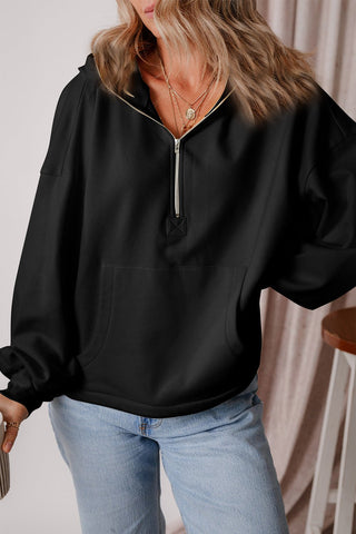 Pocketed Half Zip Dropped Shoulder Hoodie - A Roese Boutique