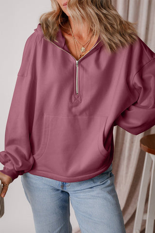 Pocketed Half Zip Dropped Shoulder Hoodie - A Roese Boutique