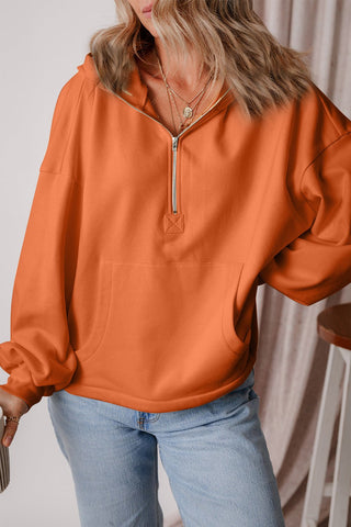 Pocketed Half Zip Dropped Shoulder Hoodie - A Roese Boutique