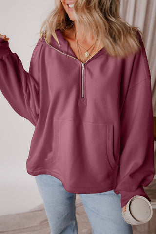 Pocketed Half Zip Dropped Shoulder Hoodie - A Roese Boutique