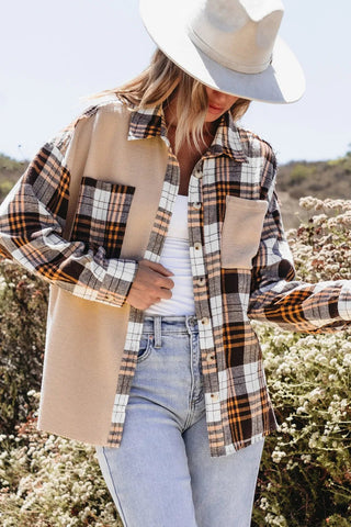 Pocketed Plaid Collared Neck Dropped Shoulder Shacket - A Roese Boutique