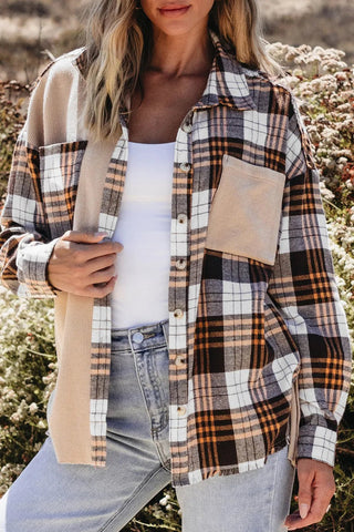 Pocketed Plaid Collared Neck Dropped Shoulder Shacket - A Roese Boutique