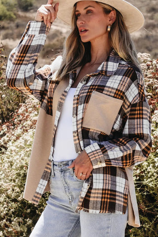 Pocketed Plaid Collared Neck Dropped Shoulder Shacket - A Roese Boutique