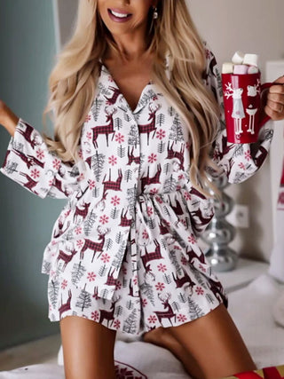 Printed Collared Neck Long Sleeve Top and Shorts Lounge Set - A Roese Boutique