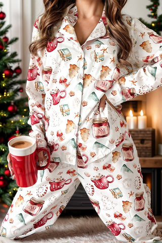 Printed Collared Neck Top and Pants Lounge Set - A Roese Boutique