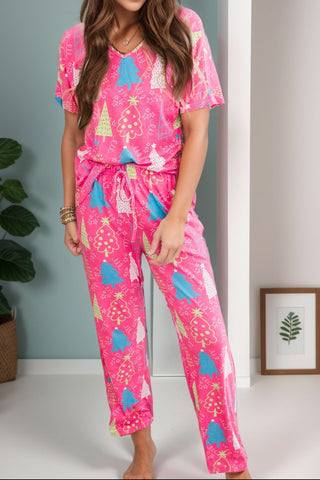 Printed V - Neck Short Sleeve Top and Pants Lounge Set - A Roese Boutique