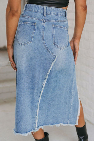 Raw Hem Slit Denim Skirt with Pockets - A Roese Boutique