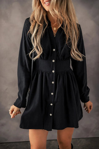 Ruched Button Up Long Sleeve Dress - A Roese Boutique