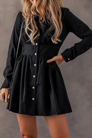 Ruched Button Up Long Sleeve Dress - A Roese Boutique