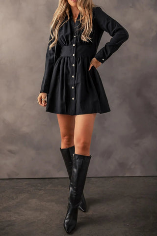 Ruched Button Up Long Sleeve Dress - A Roese Boutique