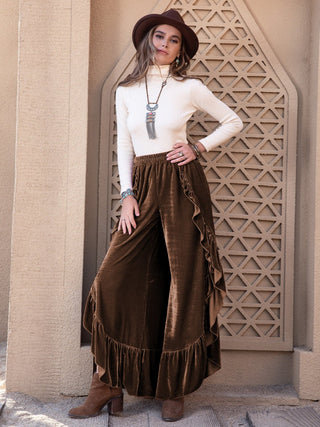 Ruffle Trim Wide Leg Slit Pants - A Roese Boutique