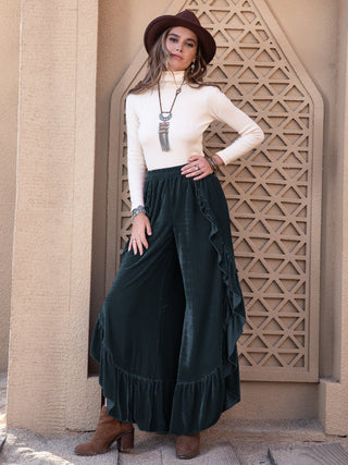 Ruffle Trim Wide Leg Slit Pants - A Roese Boutique