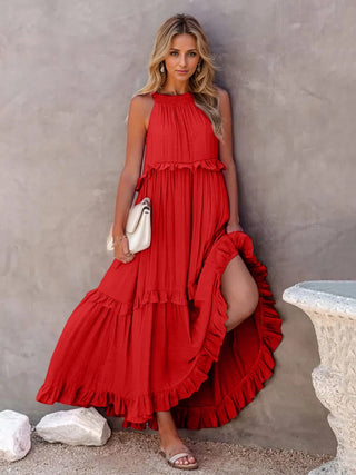 Ruffled Sleeveless Tiered Maxi Dress with Pockets - A Roese Boutique