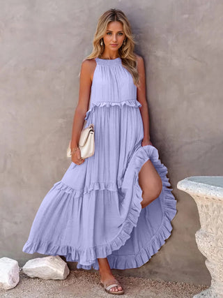 Ruffled Sleeveless Tiered Maxi Dress with Pockets - A Roese Boutique