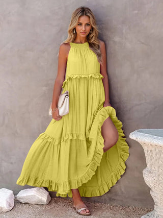 Ruffled Sleeveless Tiered Maxi Dress with Pockets - A Roese Boutique